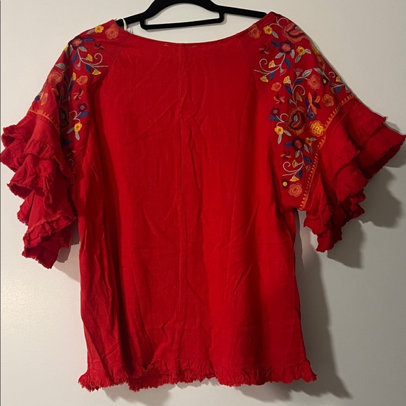 Umgee XL Red/Orange Embroidered Ruffle Sleeve Raw Hem Short Sleeve Top NWT - Picture 5 of 6